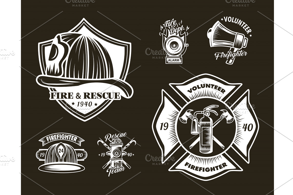 icons of firefighter badges, an Object Illustration by studiogstock