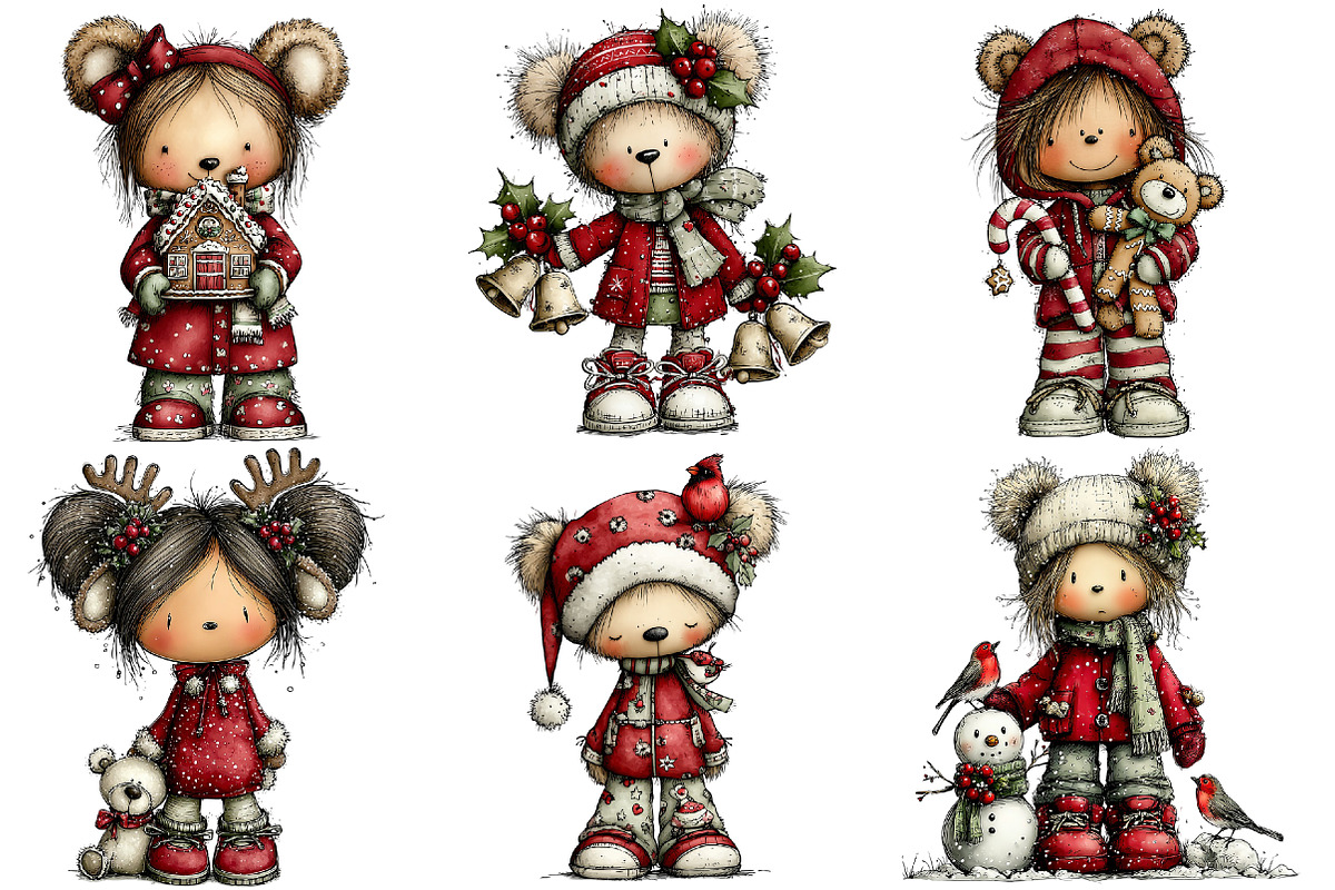 Cute Christmas Bear Girl Clipart, a Seasonal Illustration by Black Bird Studio (Photo 5 of 7)