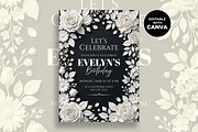 Black White Floral Birthday Invitat, an Invitation Template by M9 Design (Thumbnail 1 of 4)