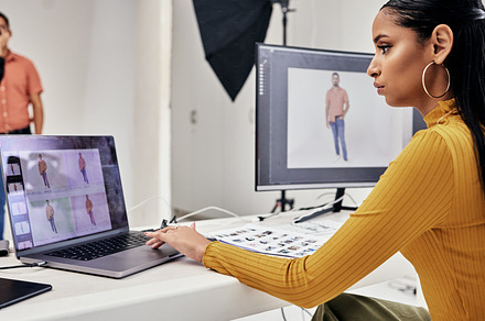 Photography editing, creative process and woman working on web software for photo edit. Media, fashion photographer and photoshoot planning of a studio employee doing computer work for press, a Photo by Peopleimages.com