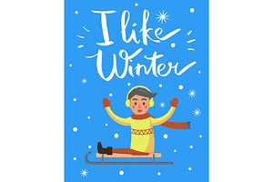 I Like Winter Boy On Sled Vector