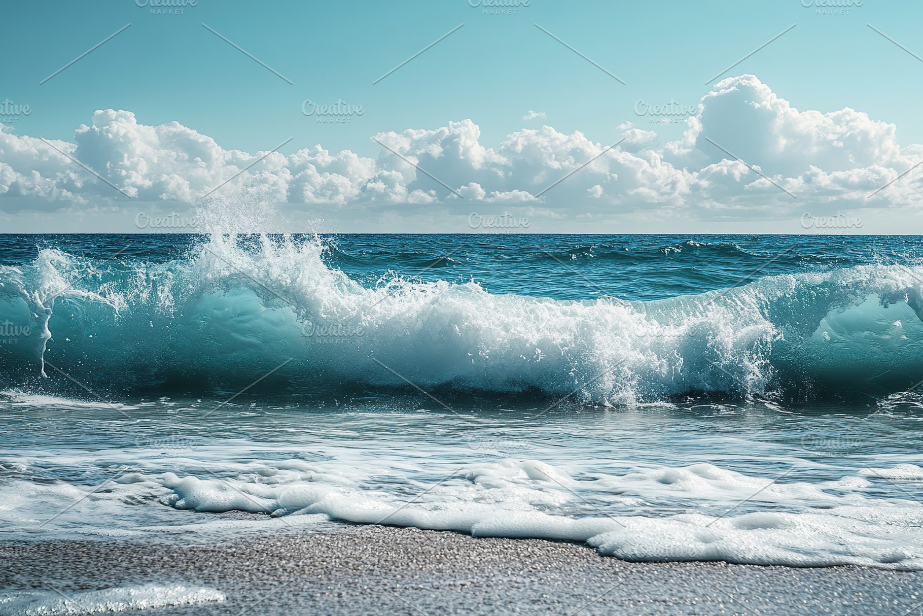 Ocean waves crash onto the sandy shore under a clear blue sky with fluffy cloud, a Nature Photo by AlyaAnd