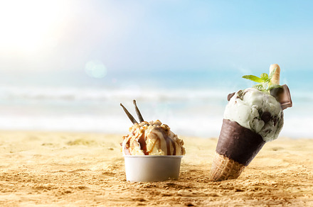 Background with cone and cup of ice-cream on the beach, a Food & Drink Photo by Davizro's Market