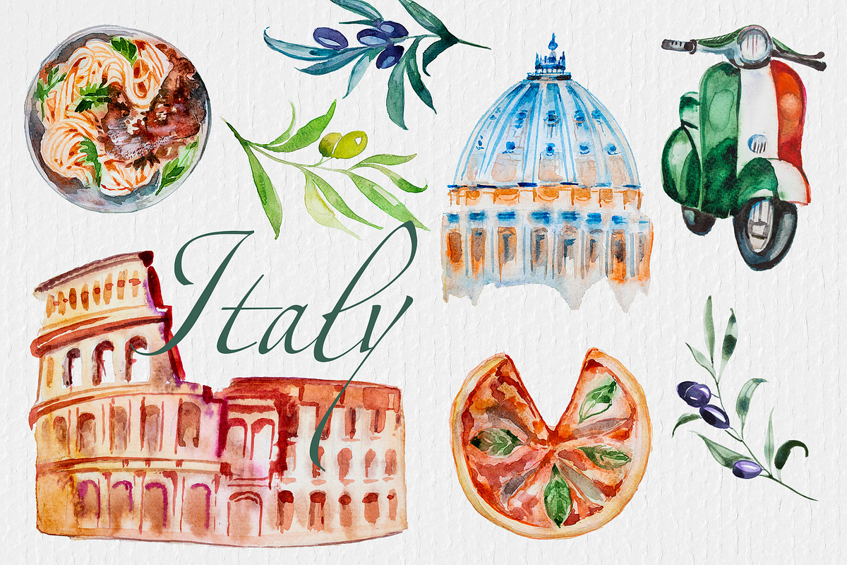 Watercolor Italy Clipart Set, a Food Illustration by ArtCreationsDesign (Photo 1 of 2)
