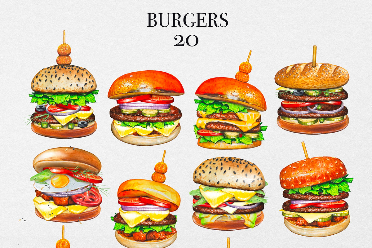 Watercolor Burgers Clipart, a Food Illustration by DiashaArt (Photo 2 of 5)