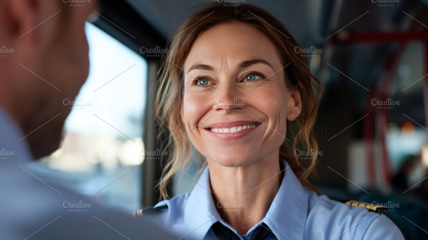 A smiling female pilot in uniform engaging with a colleague, showcasing confide, a Person Photo by ImageMir