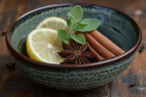 Warm spiced beverage in a dark bowl, a Photo by Pavel_design