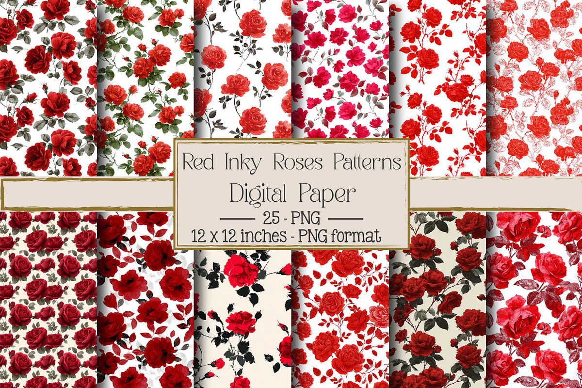 Red Inky Roses Seamless Patterns, a Texture Illustration by DreamPrint404 (Photo 1 of 4)
