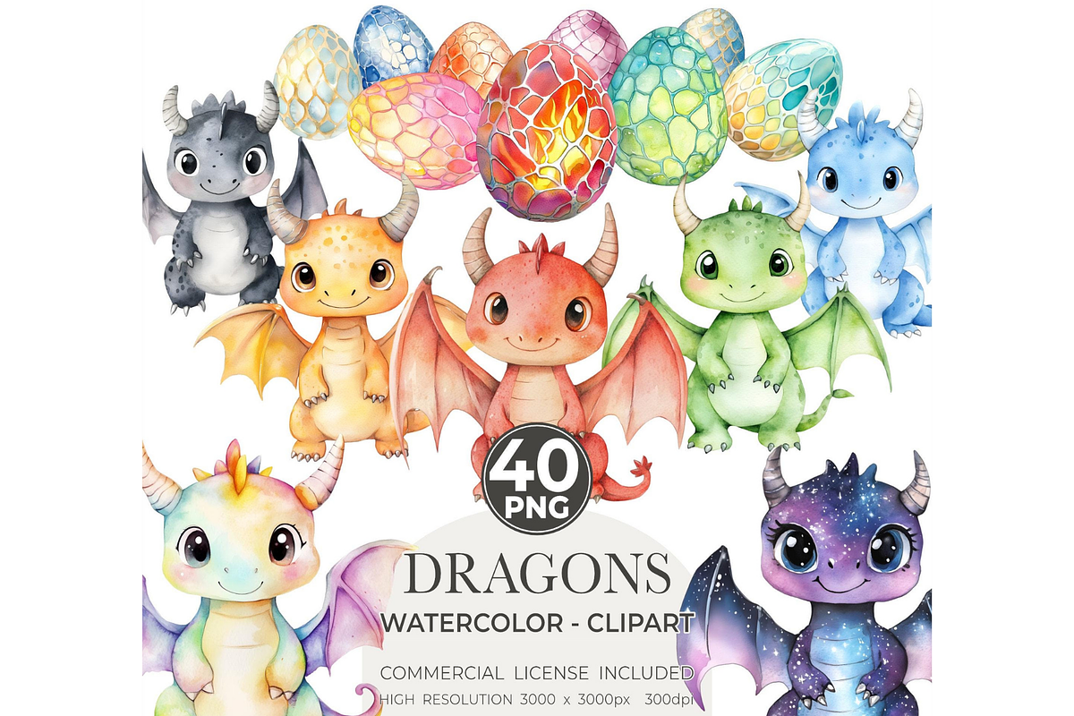 Cute Dragon Watercolor Clipart, an Illustration by CharmClipart (Photo 1 of 5)