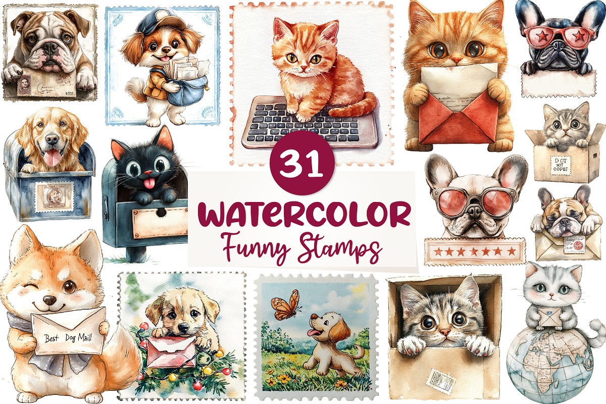 Funny Dog and Cat Postage Stamps, an Illustration by CreationArt (Photo 1 of 9)