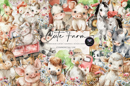 Farm Animals Watercolor Clipart, an Animal Illustration by BigCakeBee