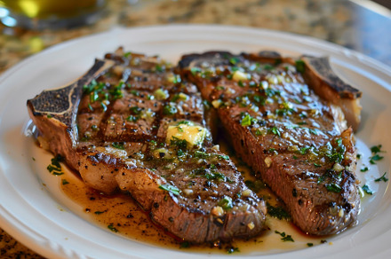 Two juicy porterhouse steaks served, a Photo by Iftikhar Alam