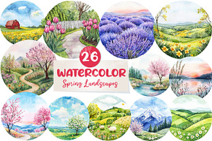 Watercolor Spring Landscapes Round, an Illustration by CreationArt