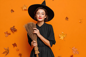 Woman in witch costume holding broomstick with autumn leaves on orange backgrou, a Holiday Photo by AlyaAnd