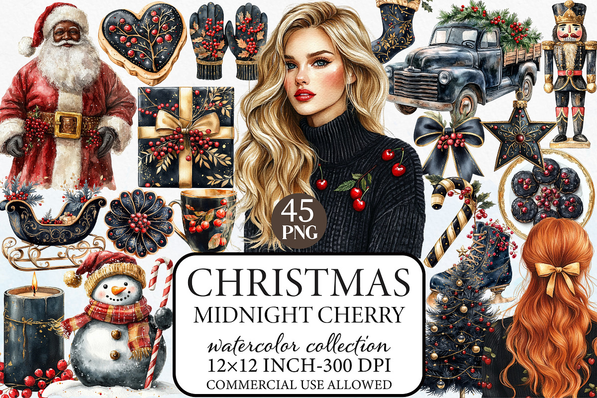 Midnight Cherry Christmas Clipart, an Illustration by Libby Wishes (Photo 1 of 7)