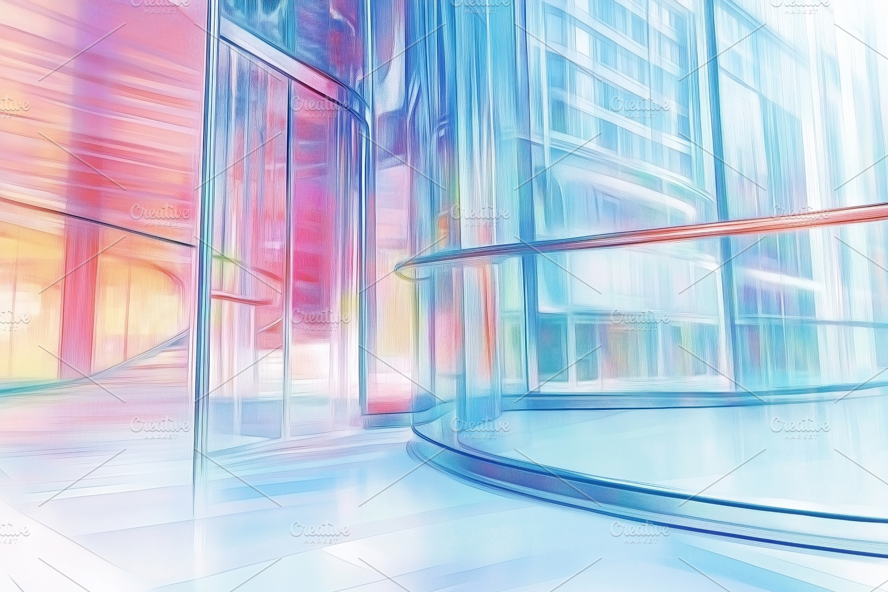 A modern, abstract interior space with glass walls and colorful reflections. Th, an Arts & Entertainment Photo by Textures & Backgrounds