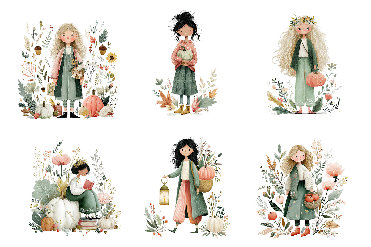 Whimsical Fall Autumn Girls Clipart, a Seasonal Illustration by DreamArtGraphic (Photo 2 of 5)