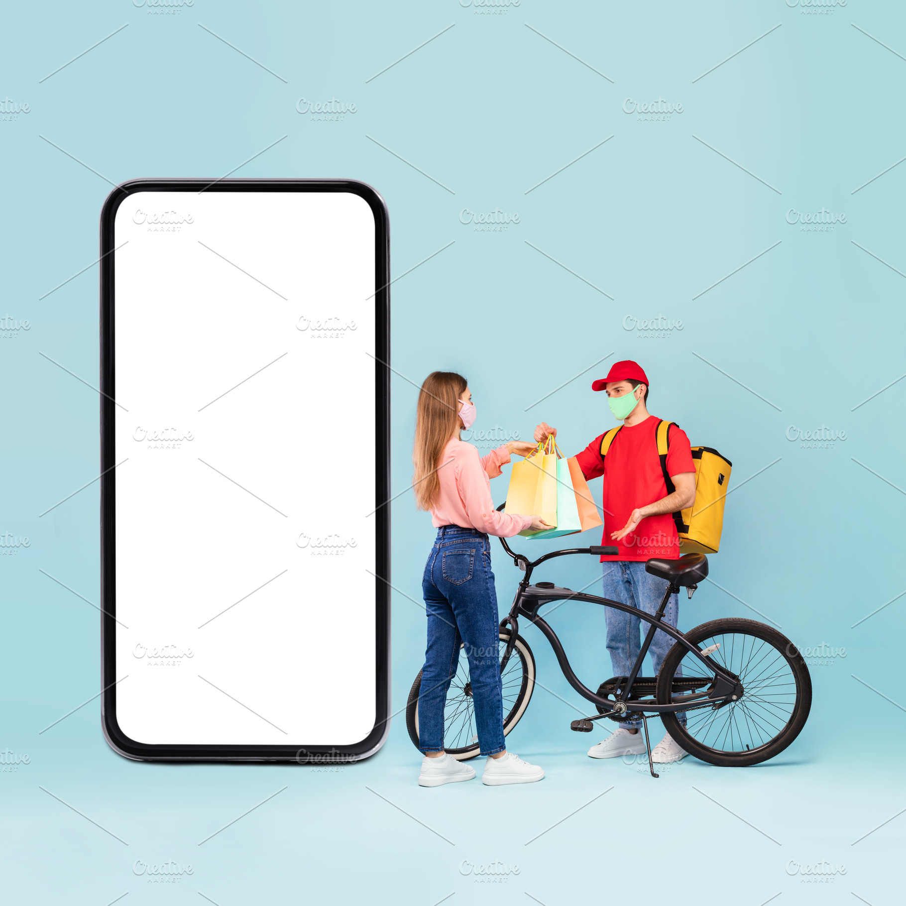 Delivery Man Near Smartphone Giving Shopper Bags To Lady, Studio, a Photo by Prostock-Studio