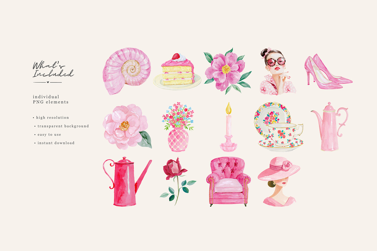Pink Watercolor Clipart Collection, a Decorative Illustration by Patishop Art (Photo 8 of 8)