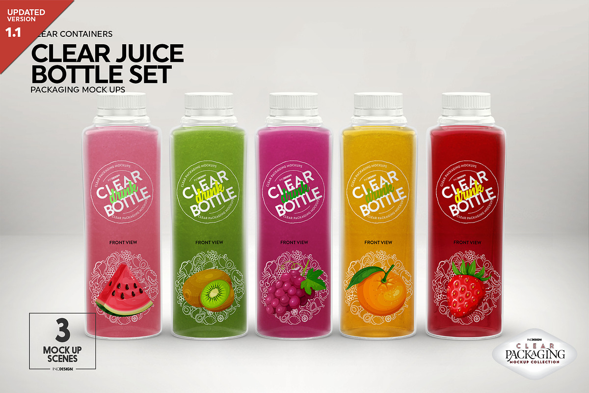 Clear Juice Bottle Sets Mockup, a Packaging Mockup by INCDesign (Photo 1 of 10)