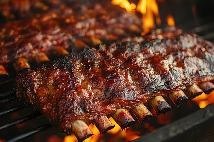Juicy ribs grilling on a fiery barbe, a Background Photo by Pixeness