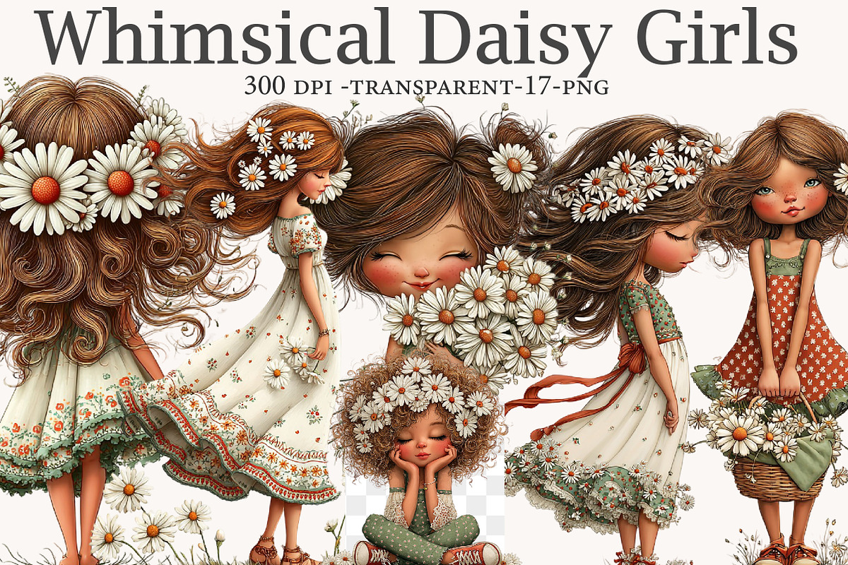 Whimsical Daisy Girls Clipart, an Illustration by Designworld (Photo 1 of 9)