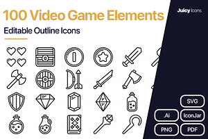 100 Video Game Elements Line Vector