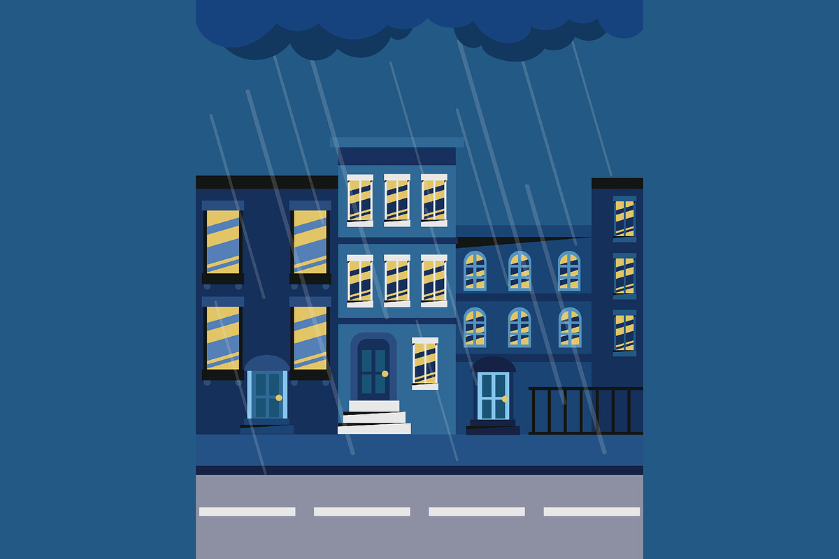 Blue Flat Rainy City Illustration, an Illustration by graphicook