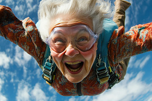 Joyful elderly woman skydiving, a Photo by Beautiful things