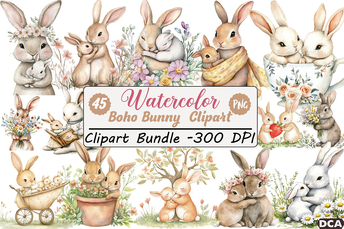 Boho Bunny Clipart, an Illustration by DreamCafeArt (Photo 1 of 8)