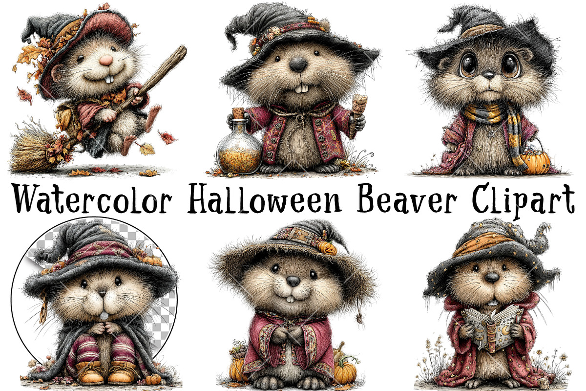 Watercolor Halloween Beaver Clipart, a Seasonal Illustration by OK Design (Photo 2 of 6)