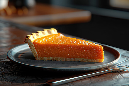 A single slice of pumpkin pie on a p, a Photo by LOGOCREATIVE