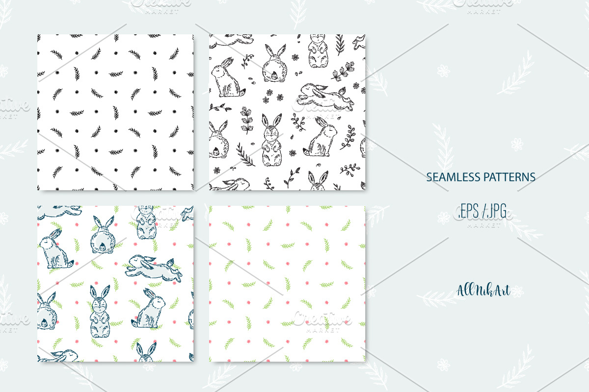 Hand Drawn Rabbits & Floral Elements, a Pattern Graphic by AllNikArt (Photo 3 of 4)