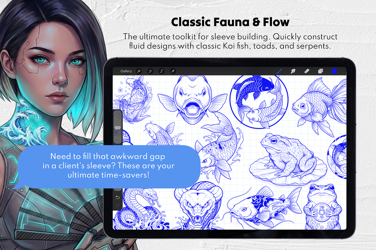 250 Japanese Tattoo Procreate Stamps, a Brush Add-On by Selentaori Studio (Photo 8 of 11)