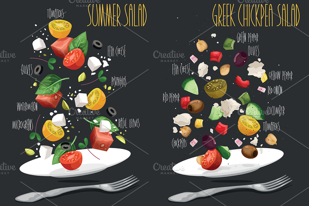 SET salad. Vector illustration, a Food Illustration by AKOMIX (Photo 5 of 9)