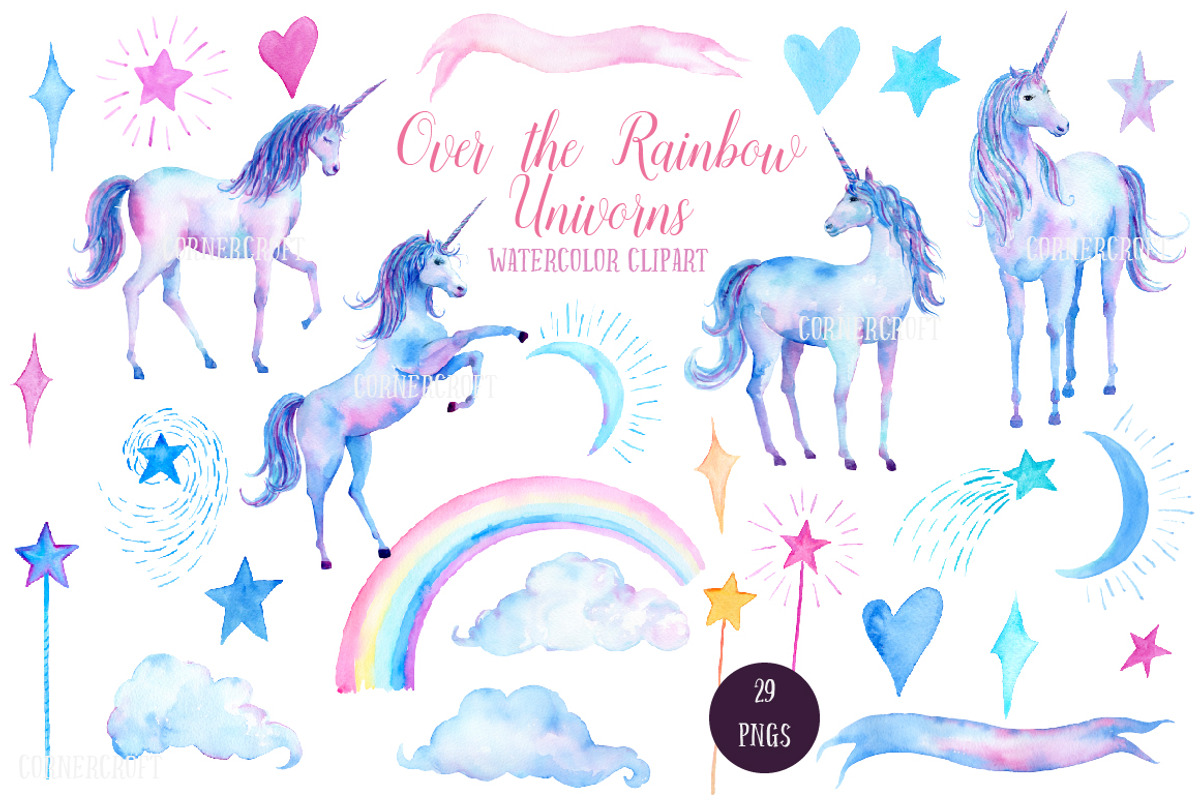 Watercolor Clipart Unicorns, an Illustration by Corner Croft (Photo 2 of 6)