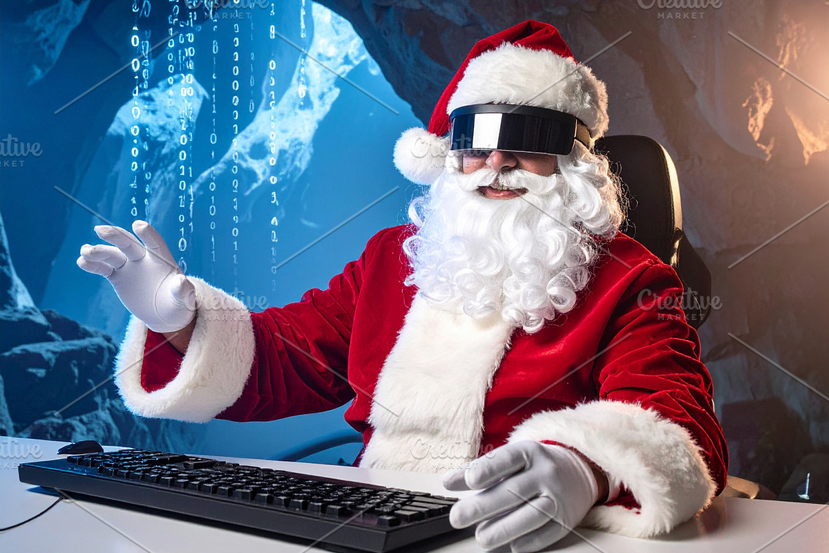 Santa Claus with augmented reality glasses sitting at a holograp, a Holiday Photo by DanFLCreativo (Photo 1 of 2)