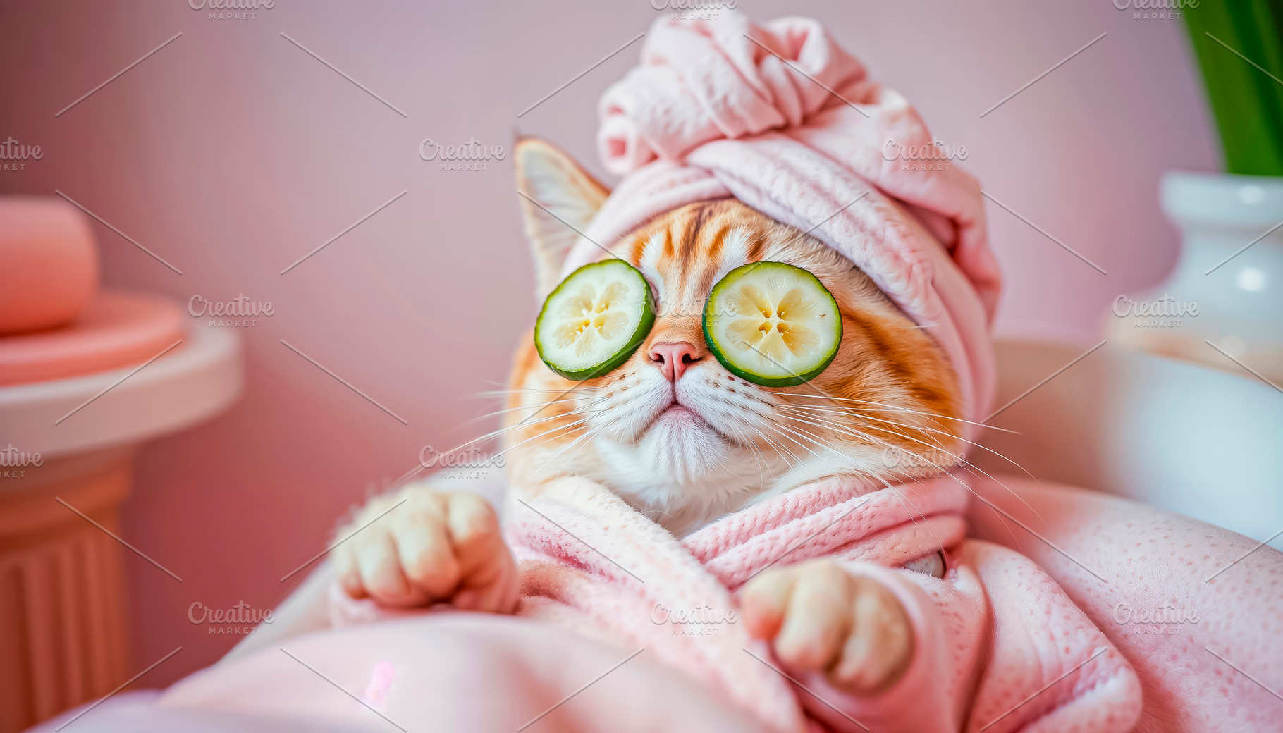 Happy domestic cat relaxing in a spa, an Animal Photo by TatsianaSalauyova