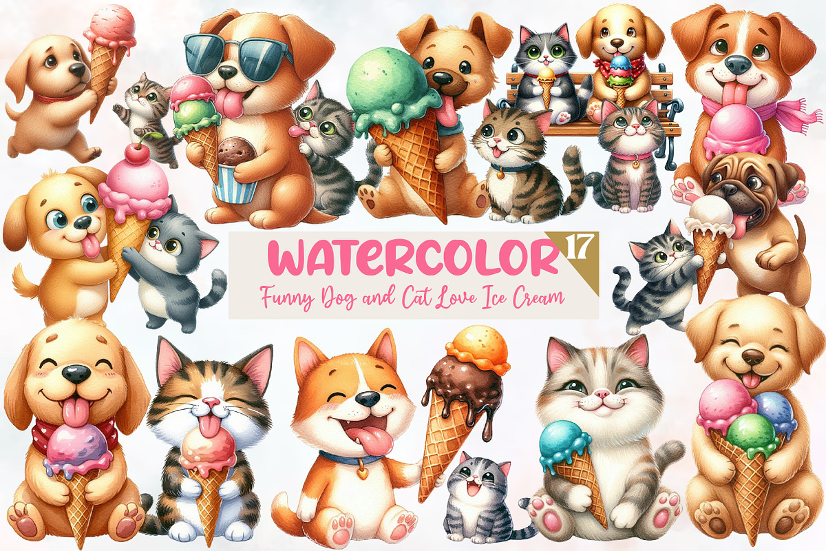 Funny Dog and Cat Love Ice Cream, an Animal Illustration by Designworld (Photo 1 of 5)