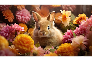 spring bunny with flowers ai, an Animal Photo by pikepicture