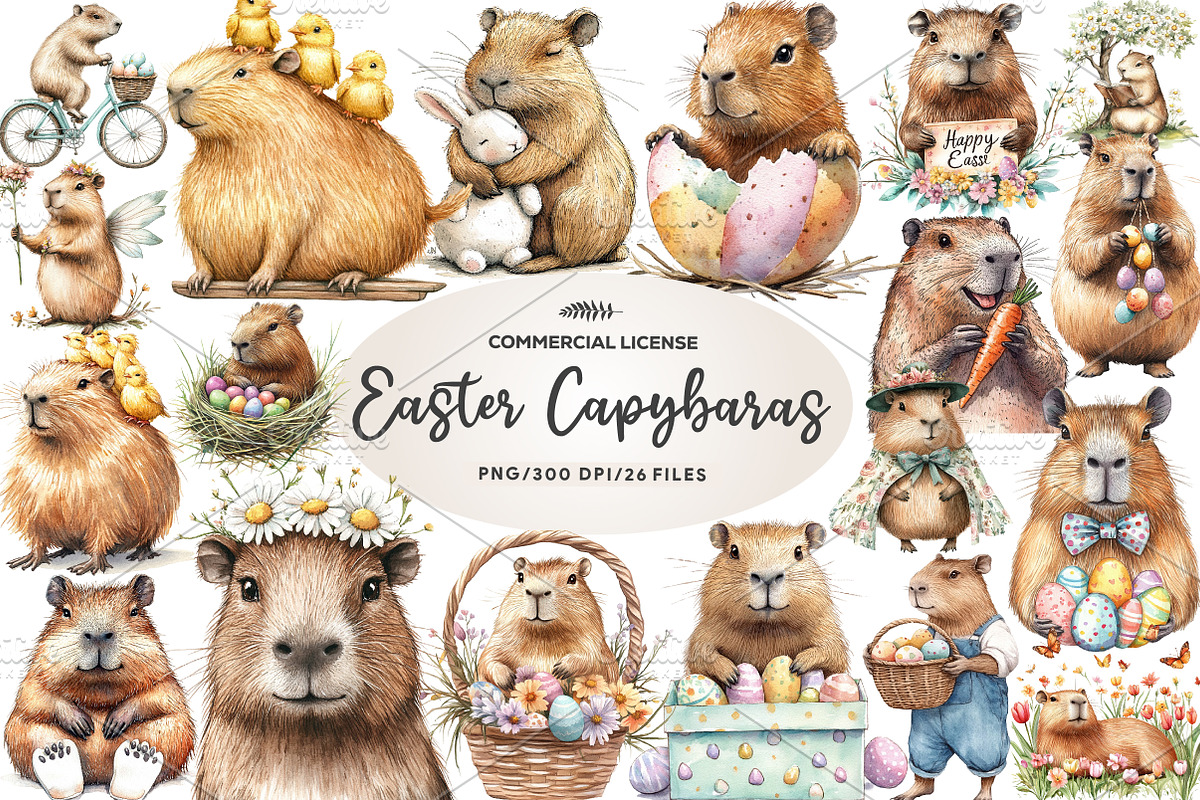 Hoppy Easter Capybaras Clipart, an Illustration by CreationArt (Photo 1 of 5)