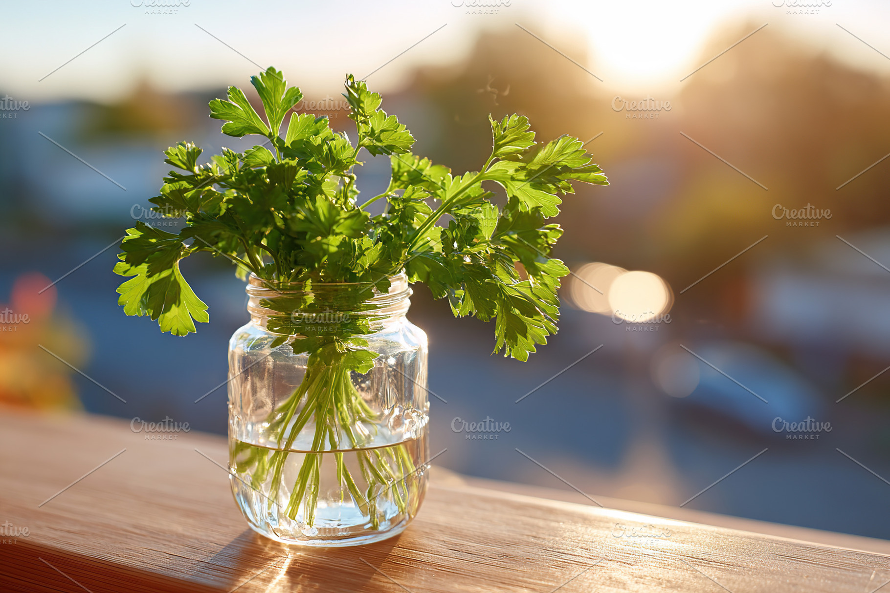 Fresh parsley growing in a glass jar of water by the window in warm sunlight, a Food & Drink Photo by AlyaAnd
