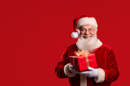 Portrait of happy Santa Claus holding Christmas present giftbox or gift, a Holiday Photo by Lenor4ik