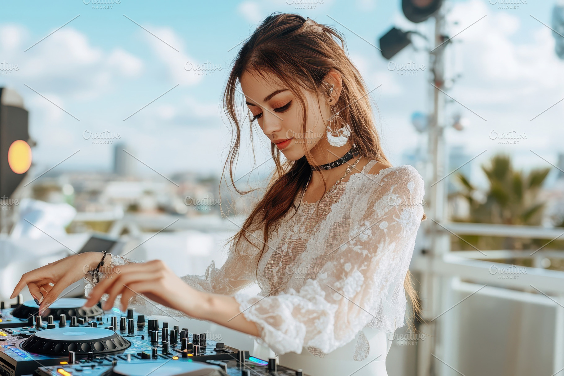 Female DJ performs at an outdoor eve, a Photo by Tanuart