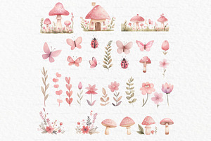 Pink Fairy Garden Watercolor Clipart