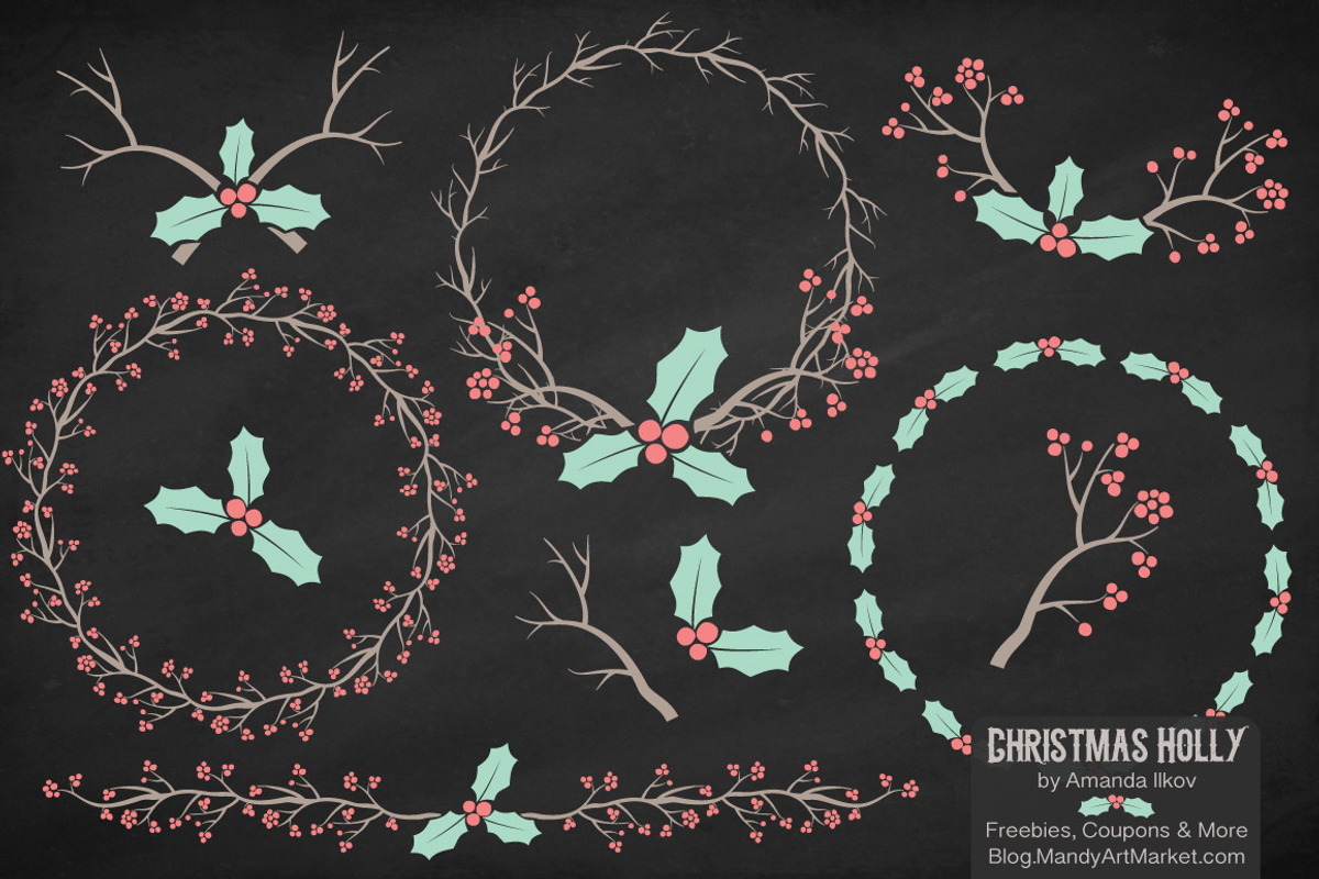 Mint & Coral Holly Christmas Vectors, an Illustration by Amanda Ilkov (Photo 2 of 5)