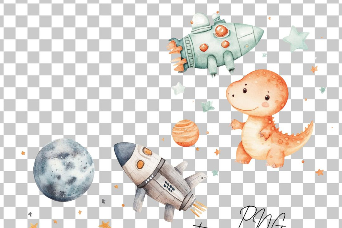 dinosaurs in space watercolorclipart, a Transportation Illustration by Opor (Photo 3 of 11)