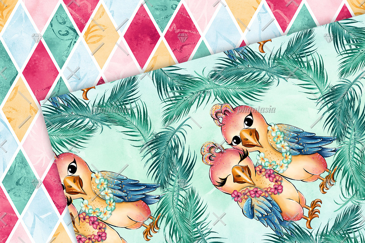 Cute Parrots Digital Papers, a Pattern Graphic by Phantasia Design (Photo 3 of 7)