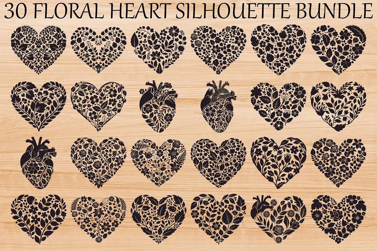 Floral Heart Silhouette Bundle, an Illustration by Designs_River (Photo 1 of 31)