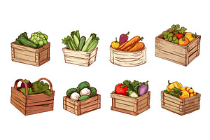 Vegetables In Different Rustic Boxes